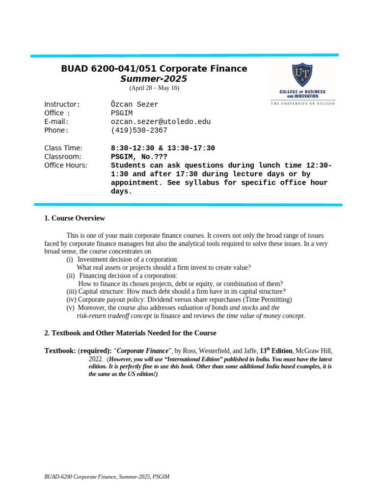 Corporate Finance Course Syllabus 2025 | PDF | Valuation (Finance ...