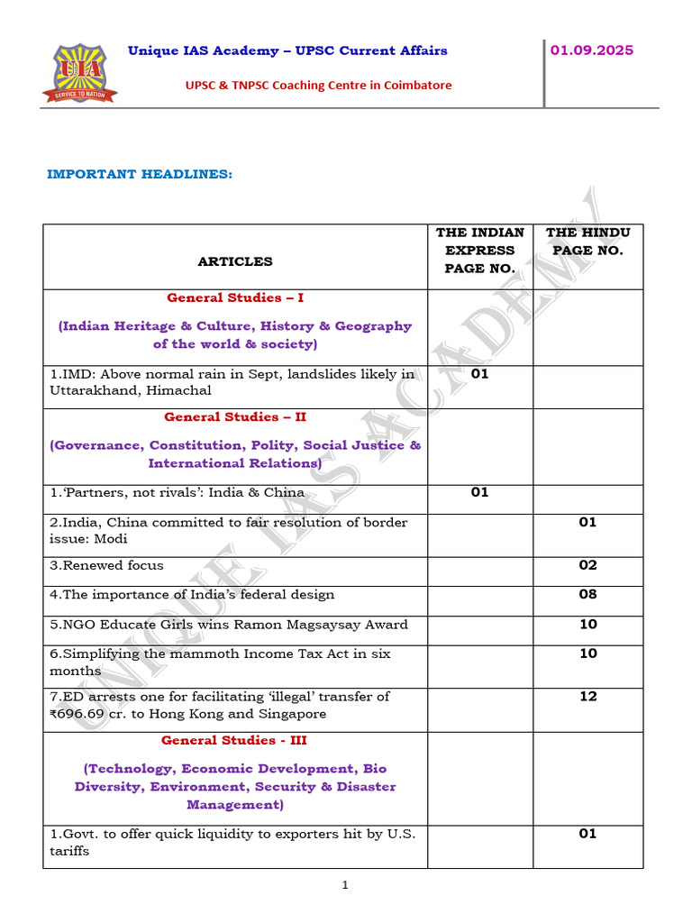 UPSC Current Affairs Highlights - Sept 2025 | PDF