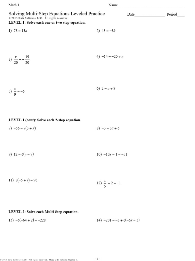 Multi-Step Equations Practice Worksheet | PDF | Equations ...