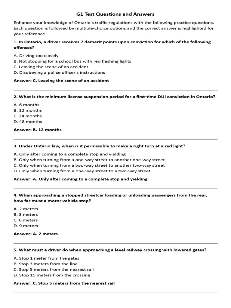 G1 Test Questions and Answers | PDF | Traffic Light | Traffic