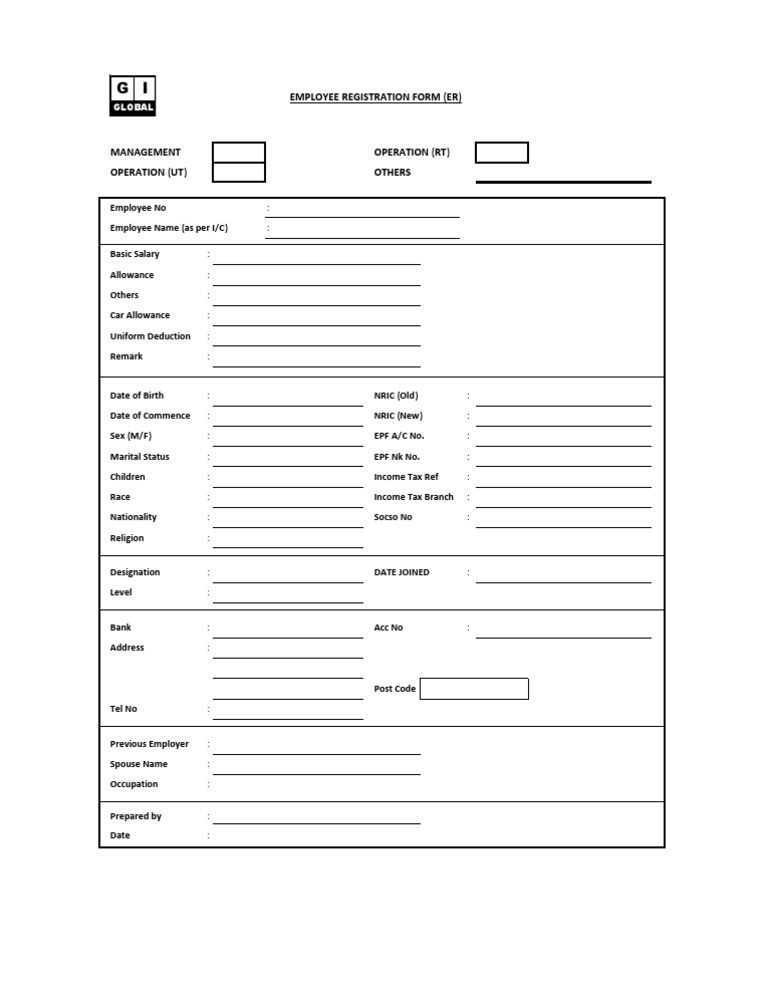 Employee Registration Form (Er) : Global | PDF | Finance & Money Management