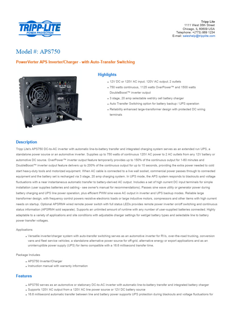 Tripp Lite APS750 Inverter/Charger | PDF | Power Inverter | Battery Charger