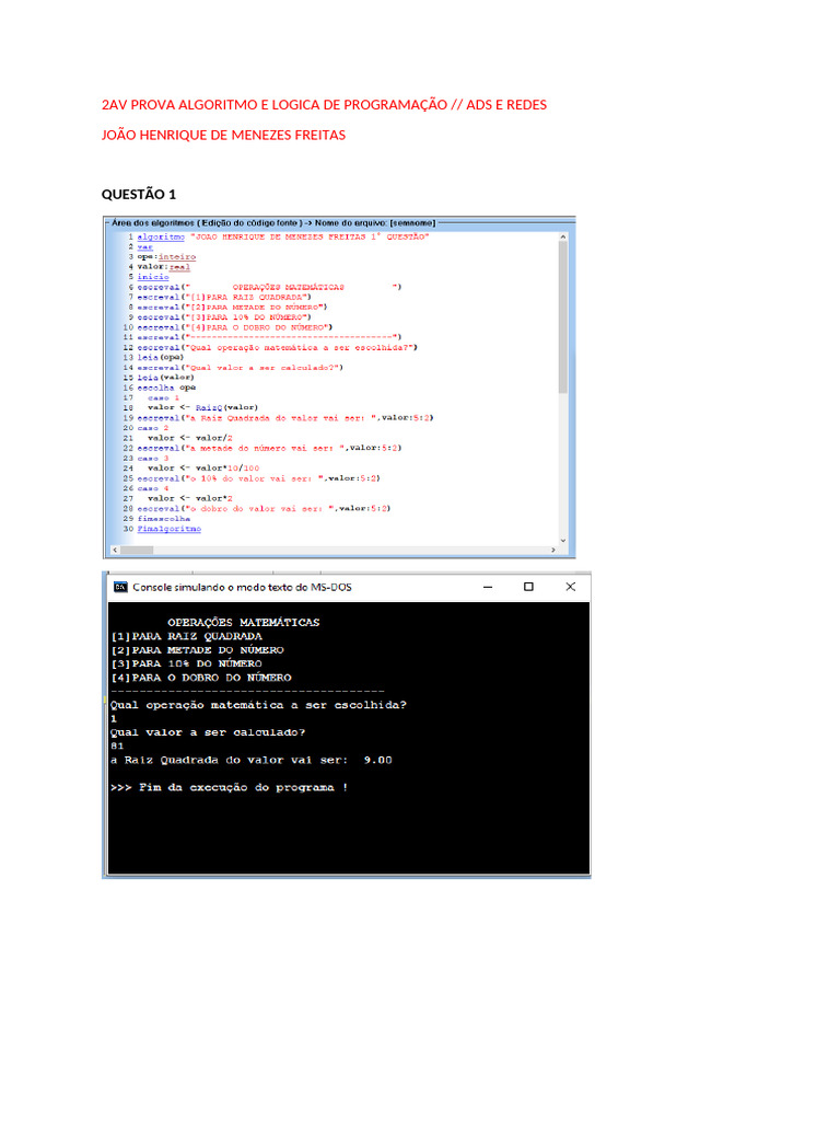 Prova de Algoritmo e Lógica de Programação | PDF