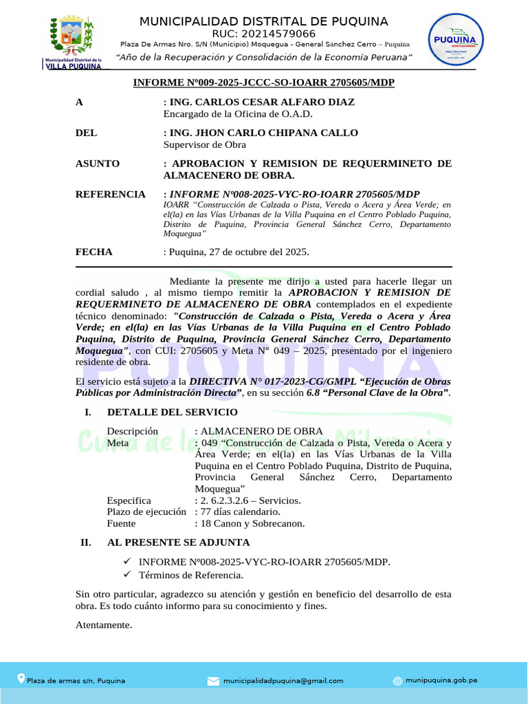 Informe 009 Aprb. TDR Almacenero | PDF