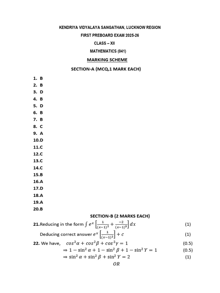 Class XII Mathematics Preboard Marking Scheme | PDF | Mathematical Physics