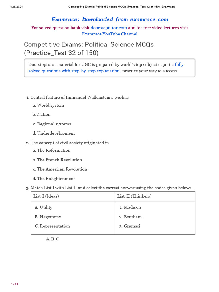 Political Science MCQs Practice Test 32 | PDF | Democracy | Political ...