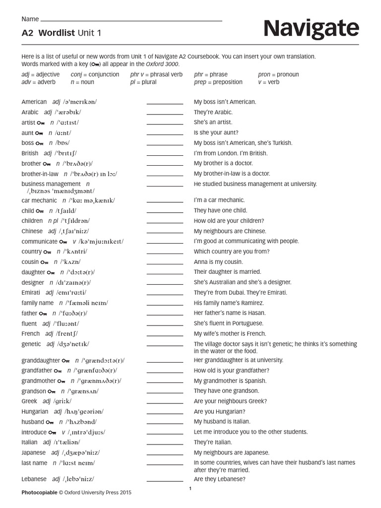 A2 Navigate Coursebook Unit 1 Wordlist | PDF | Verb | Adjective