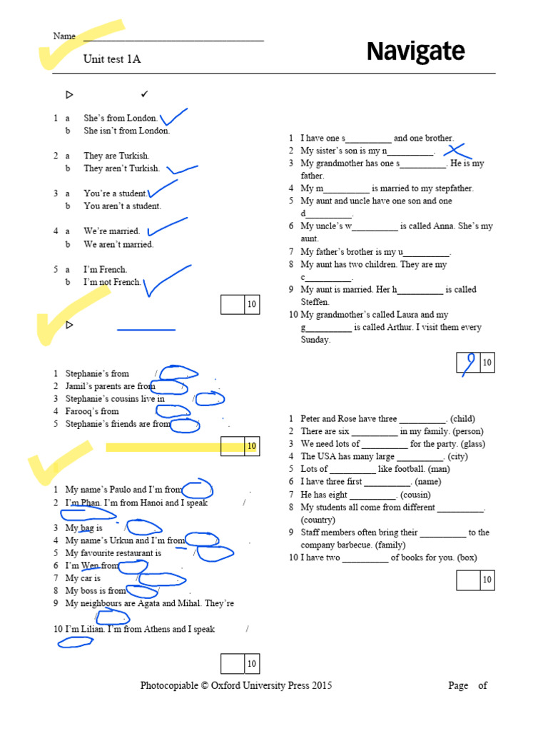 A2 Unit Test 1A: Listening & Grammar | PDF | Linguistics | Languages