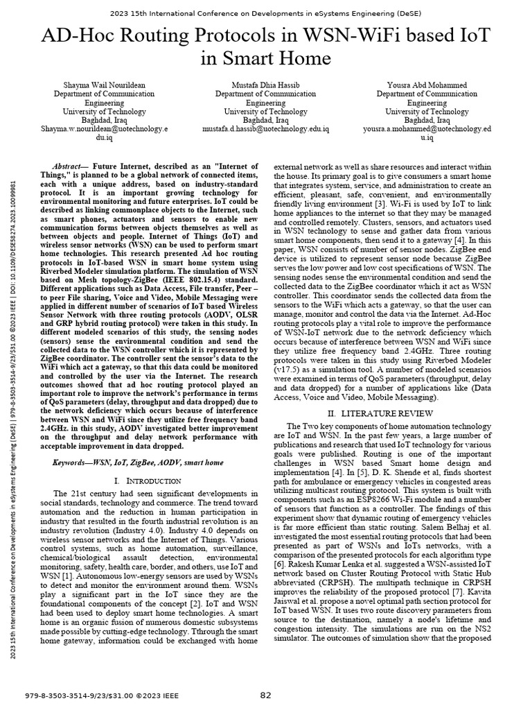 AD-Hoc Routing Protocols in WSN-WiFi Based IoT in Smart Home | PDF ...