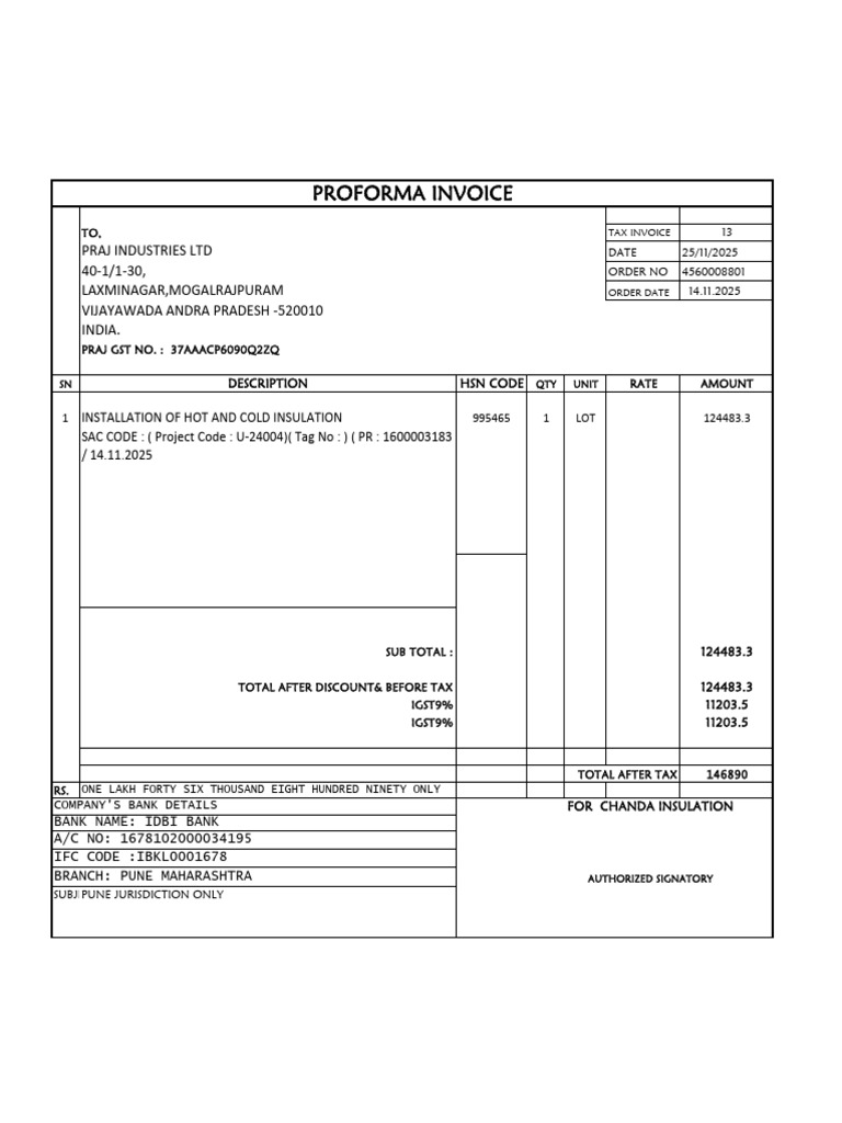 Prfroma Invoice 2025chanda Insulation Praj l 14 | PDF