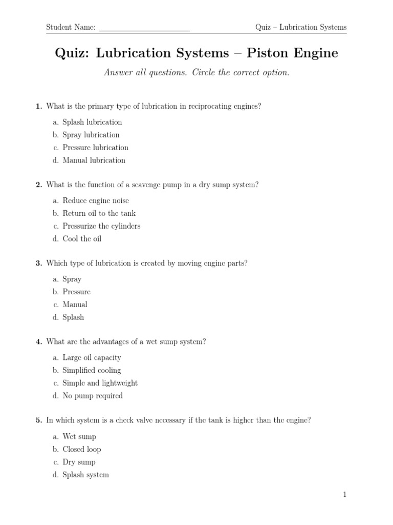Lubrication Systems Quiz for Engines | PDF