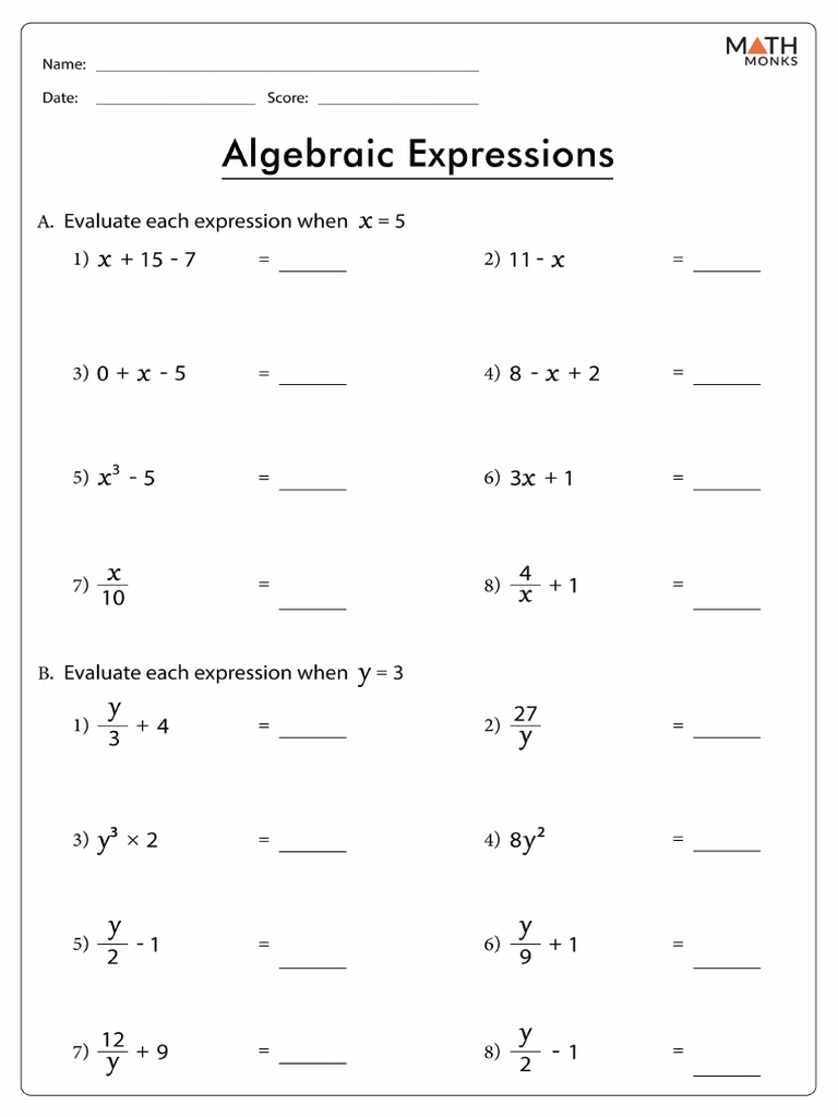 Algebraic Expressions Worksheets | PDF