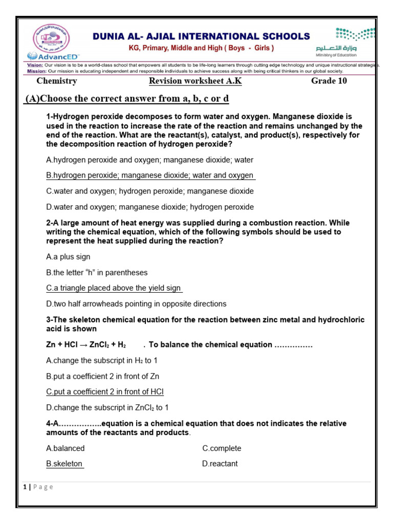 Grade 10 Chemistry Revision Worksheet | PDF | Chemical Reactions ...