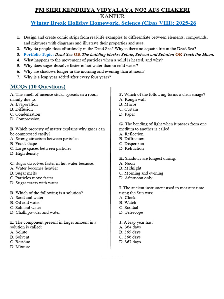 Class VIII Science Holiday Homework | PDF | Water | Physical Sciences