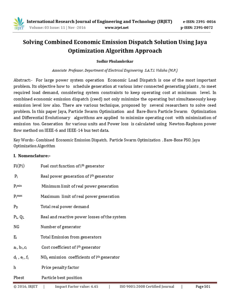 Jaya Algorithm for Economic Emission Dispatch | PDF | Mathematical ...