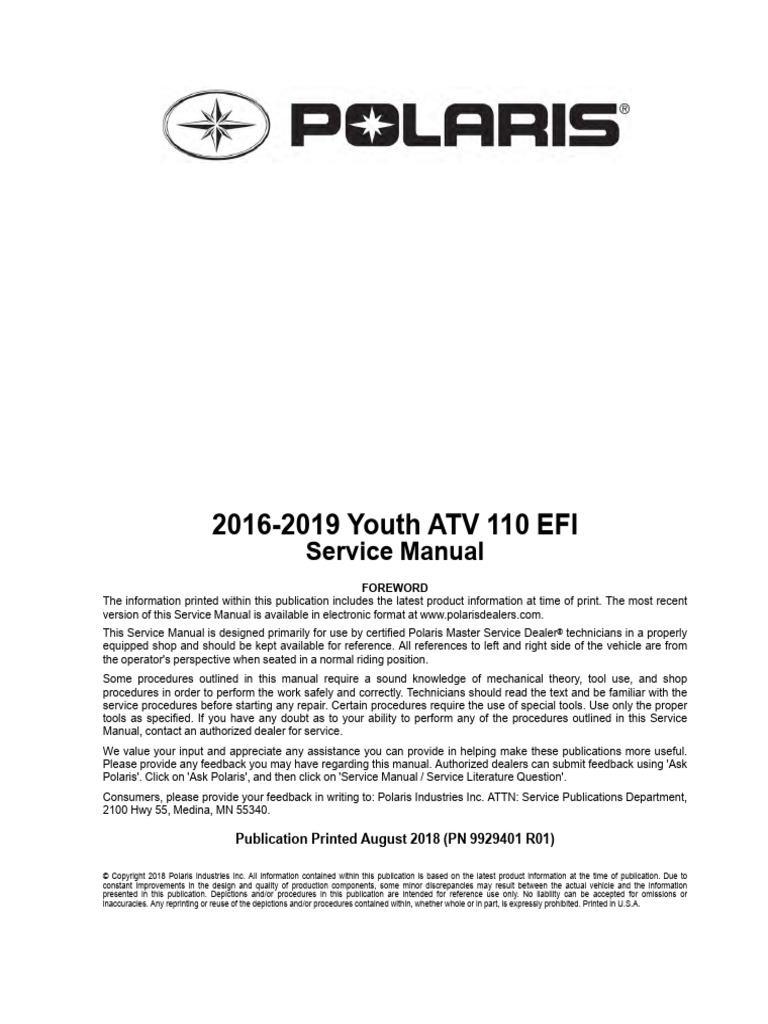 2016-2019 Youth ATV 110 EFI Manual | PDF | Automatic Transmission | Brake