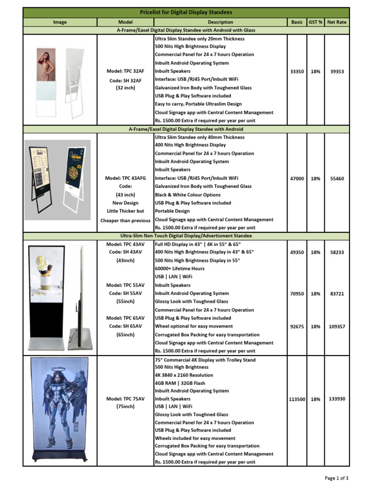 Digital Display Standee Pricelist | PDF | Android (Operating System) | Usb