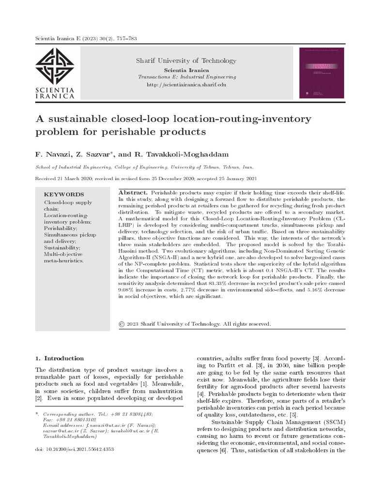 Sustainable Closed-Loop Routing for Perishables | PDF | Supply Chain ...