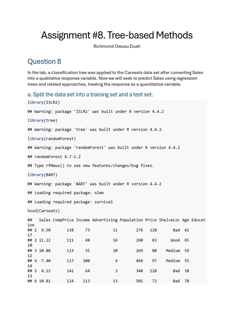 Assignment #8. Tree-based Methods | PDF | Statistical Theory | Statistics