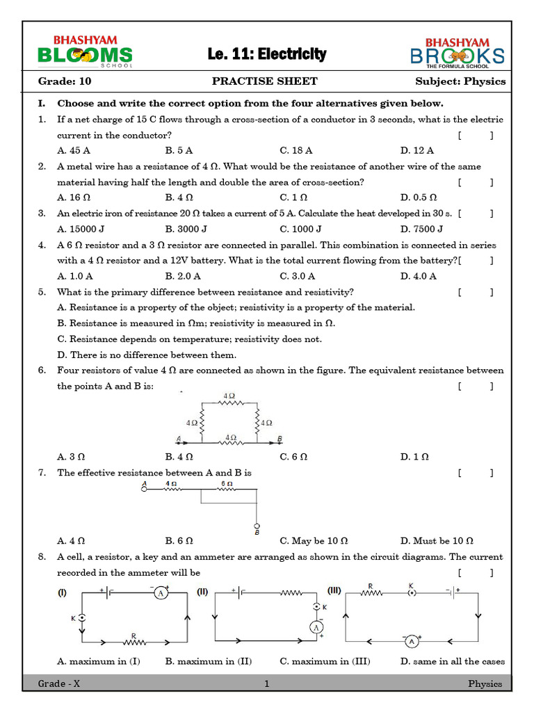 Grade 10 Physics Practice Sheet on Electricity | PDF | Electric Current ...