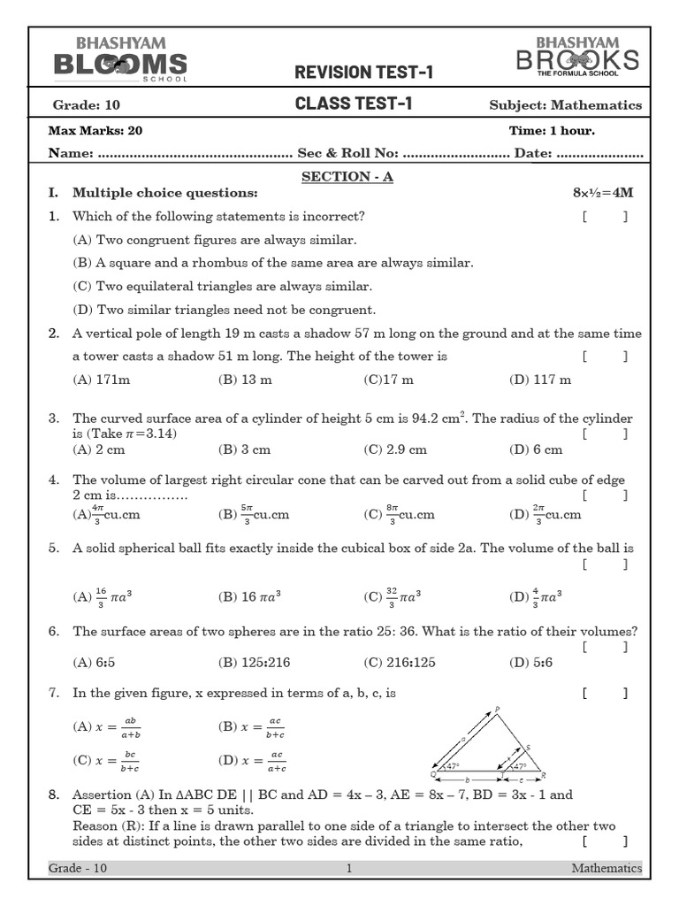Grade 10 Mathematics Revision Test | PDF | Sphere | Area