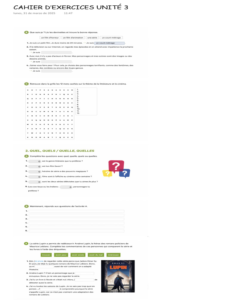 Cahier D'exercices Unité 3 | PDF