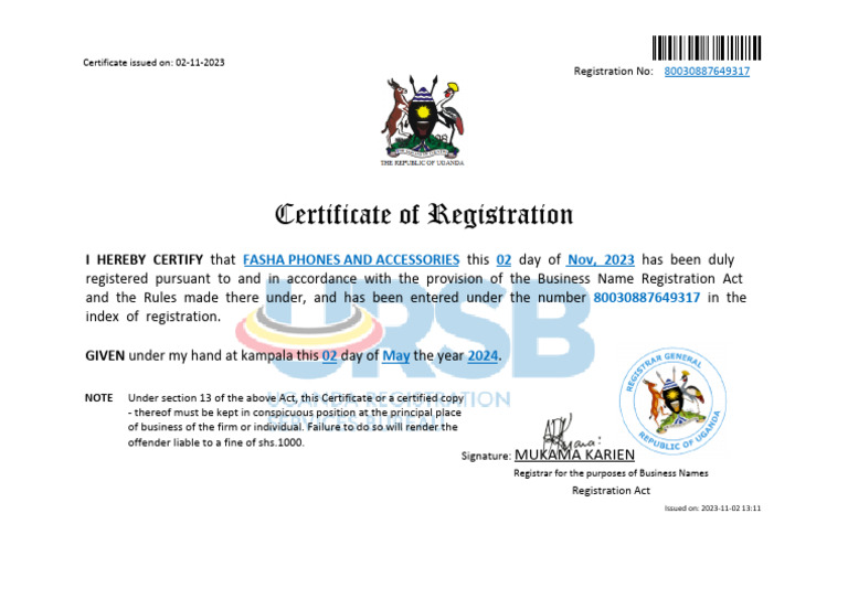 Business Name Registration Certificate | PDF