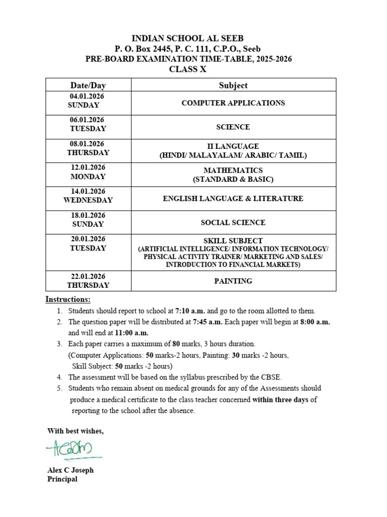Class X Pre-Board Exam Timetable 2026 | PDF