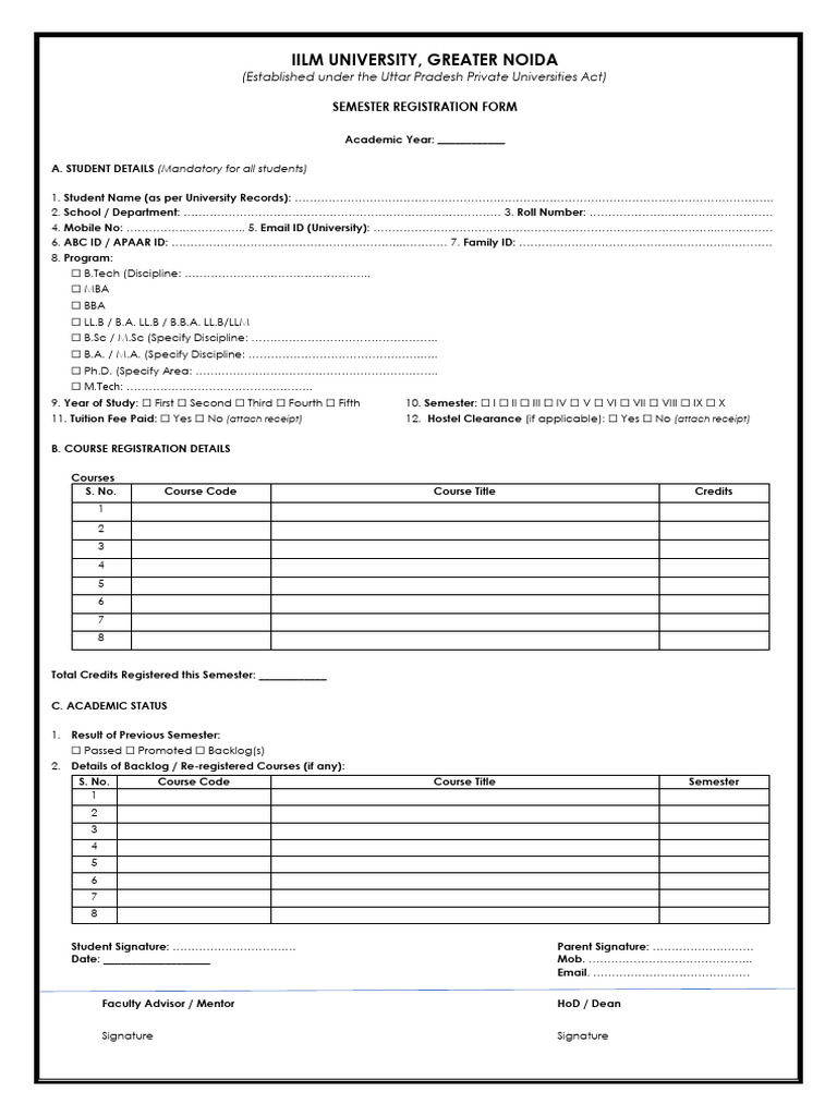 IILM University Semester Registration Form | PDF | Qualifications ...