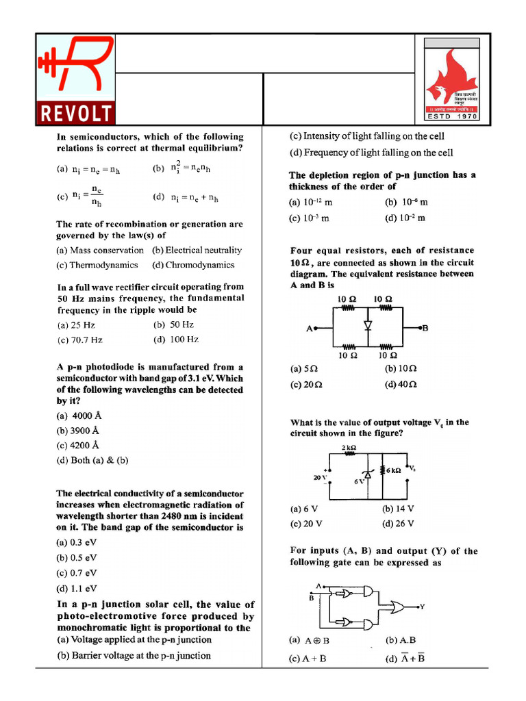 Test No. 01 Revolt Mega Semiconducter Questons Ans Key With Solution ...