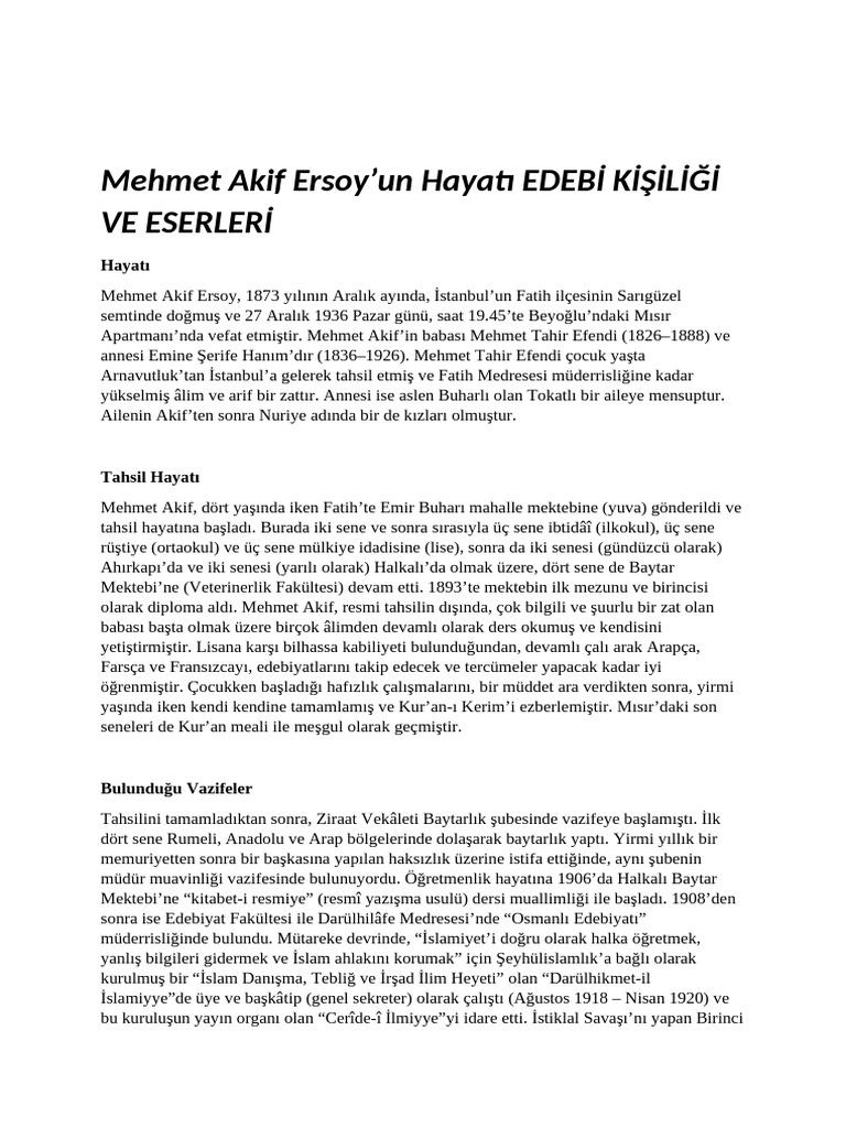 Mehmet Akif Ersoy Hayatı Ve Edebi Kişiliği | PDF