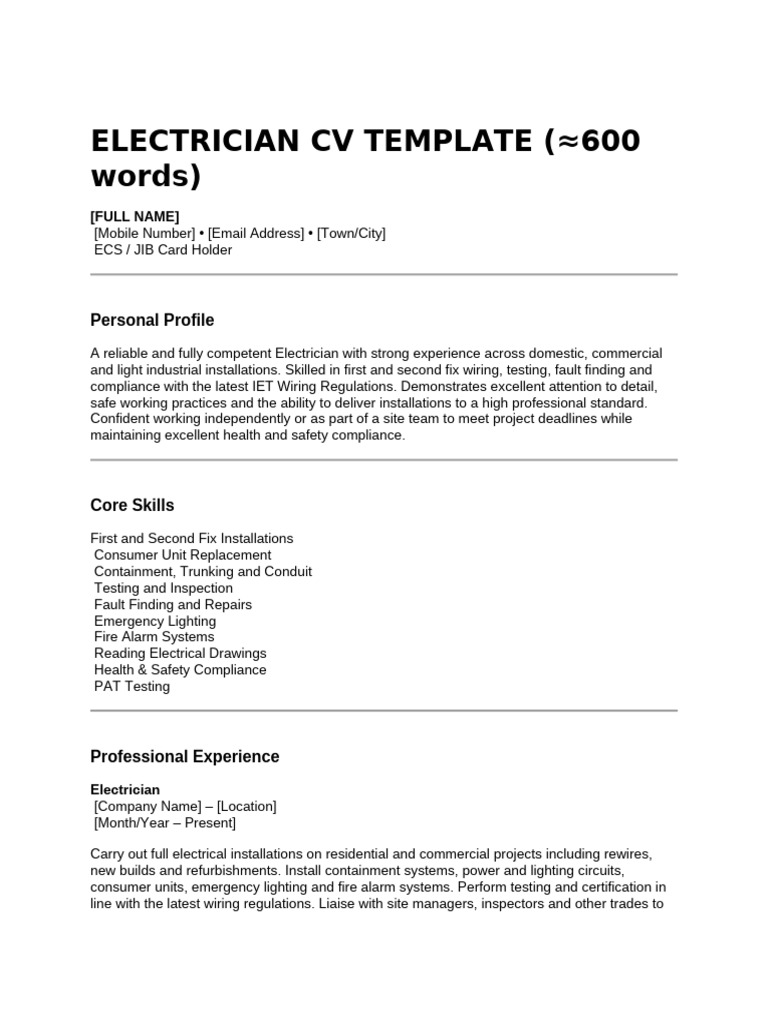 Electrician CV Template for Professionals | PDF | Electrician ...