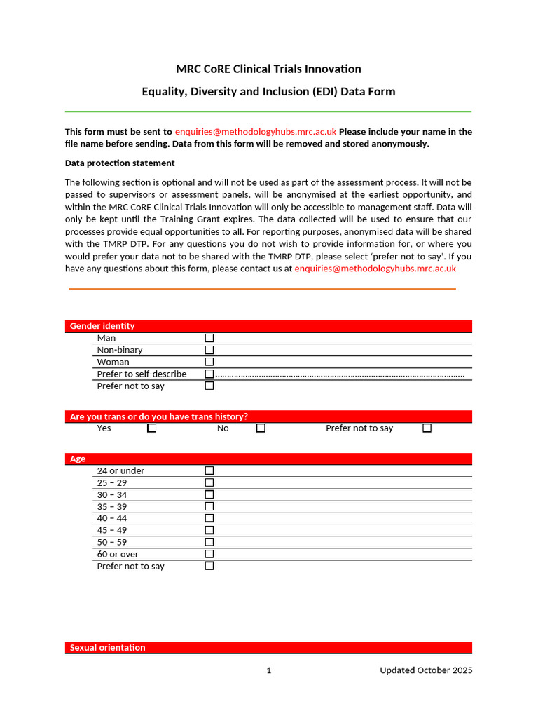 MRC CoRE EDI Data Submission Form | PDF | Disability | Mental Disorder