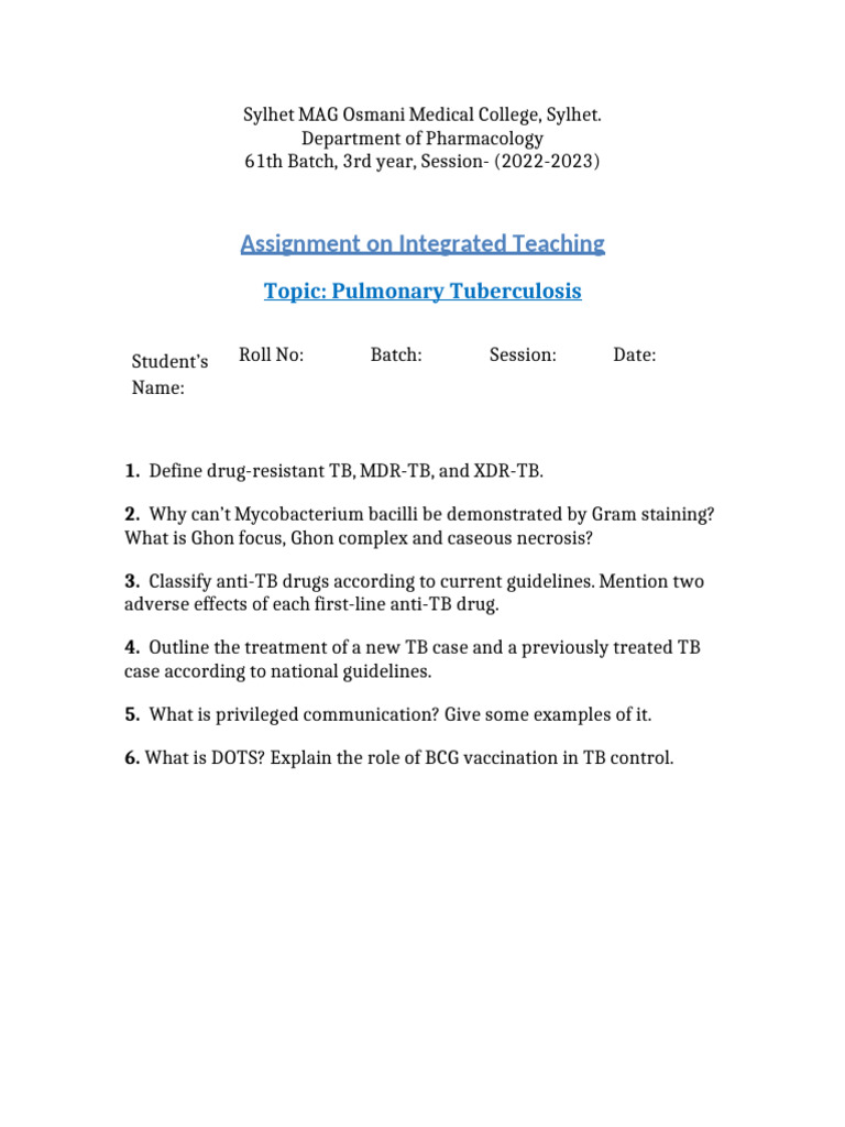 Pulmonary Tuberculosis Assignment Overview | PDF