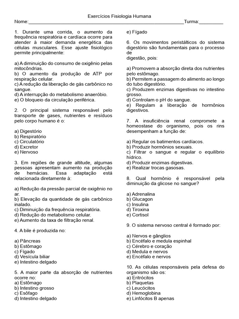 Exercícios sobre Fisiologia Humana | PDF | Sangue | Corpo humano