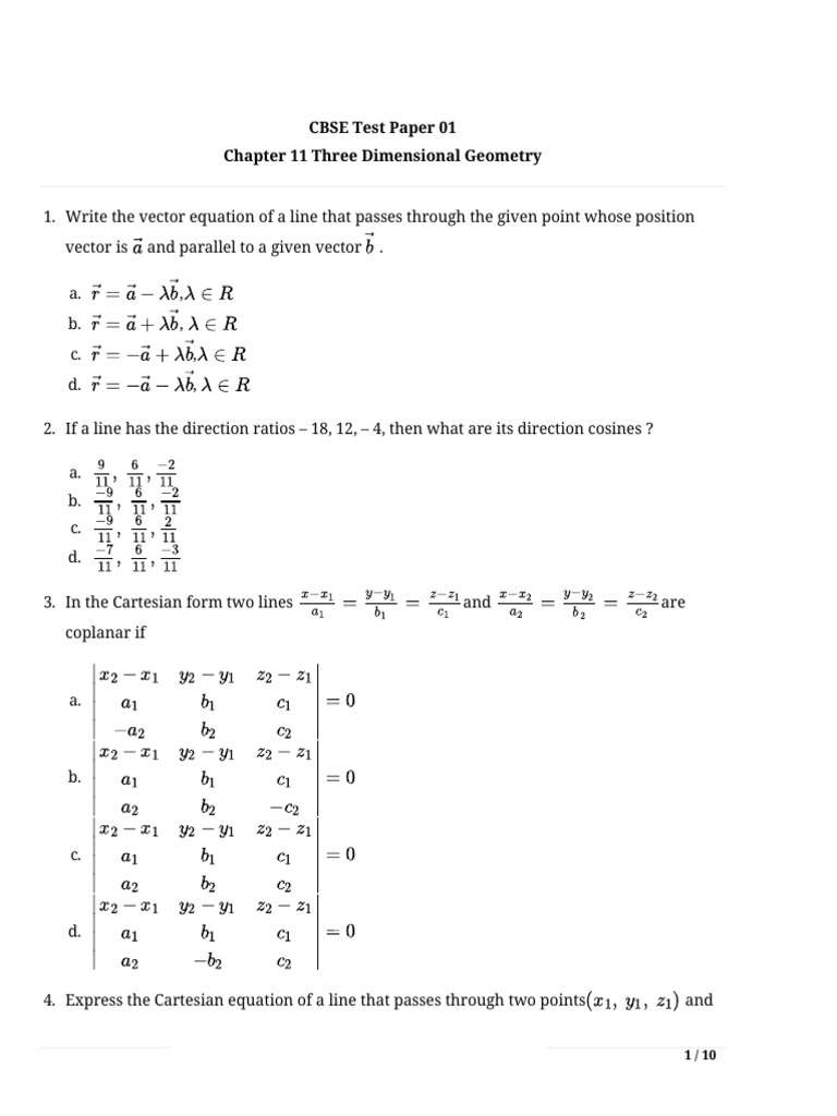 CBSE Class 11 3D Geometry Test Paper | PDF | Line (Geometry ...