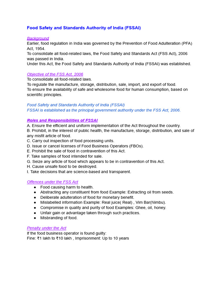FSSAI: Food Safety Regulations in India | PDF
