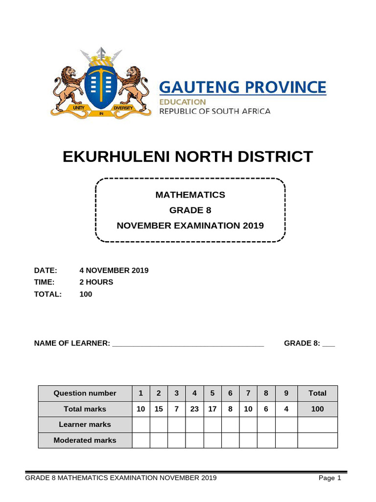 Grade 8 Mathematics Exam November 2019 | PDF | Square Root | Area