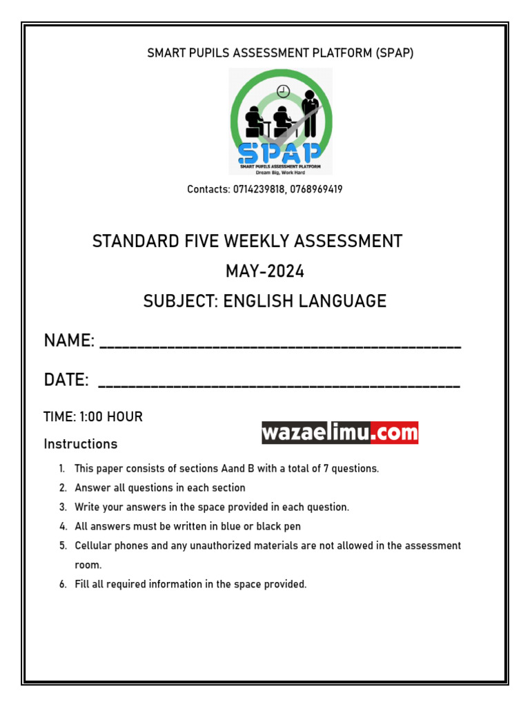 Standard Five English Assessment May 2024 | PDF