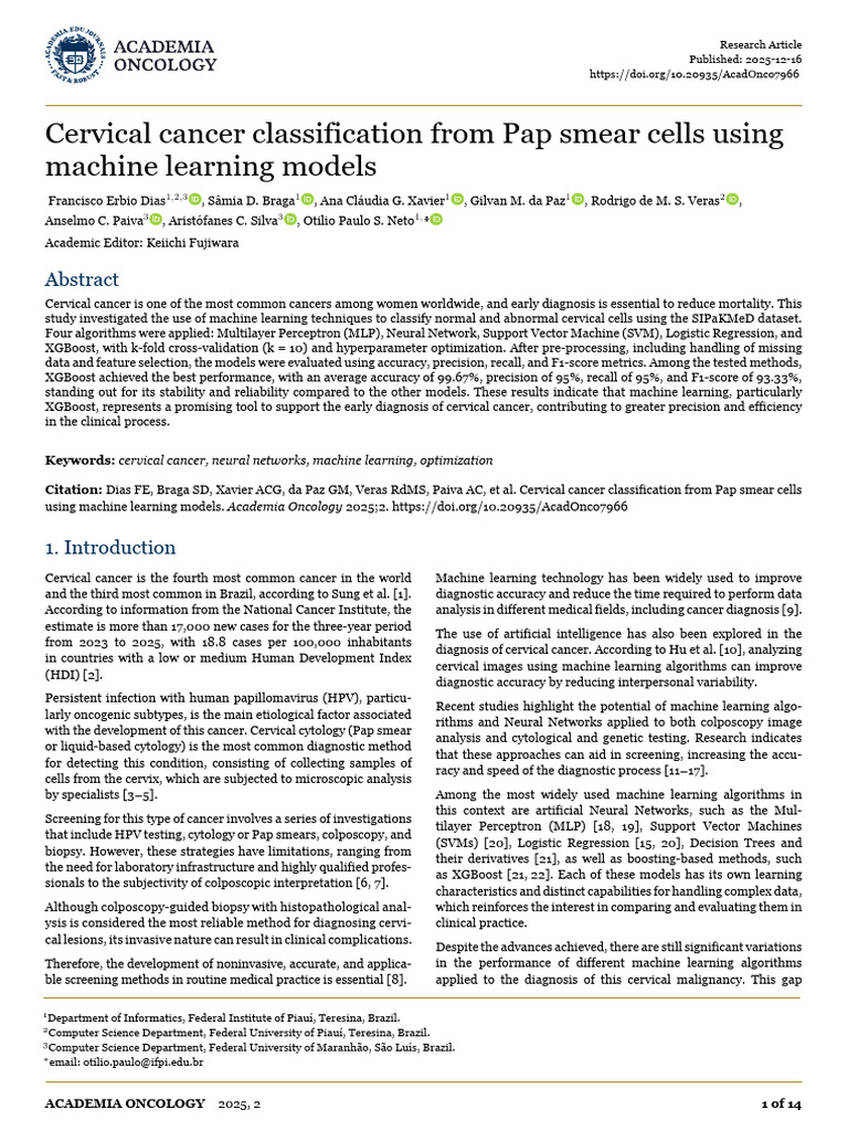 Machine Learning for Cervical Cancer Diagnosis | PDF | Support Vector ...