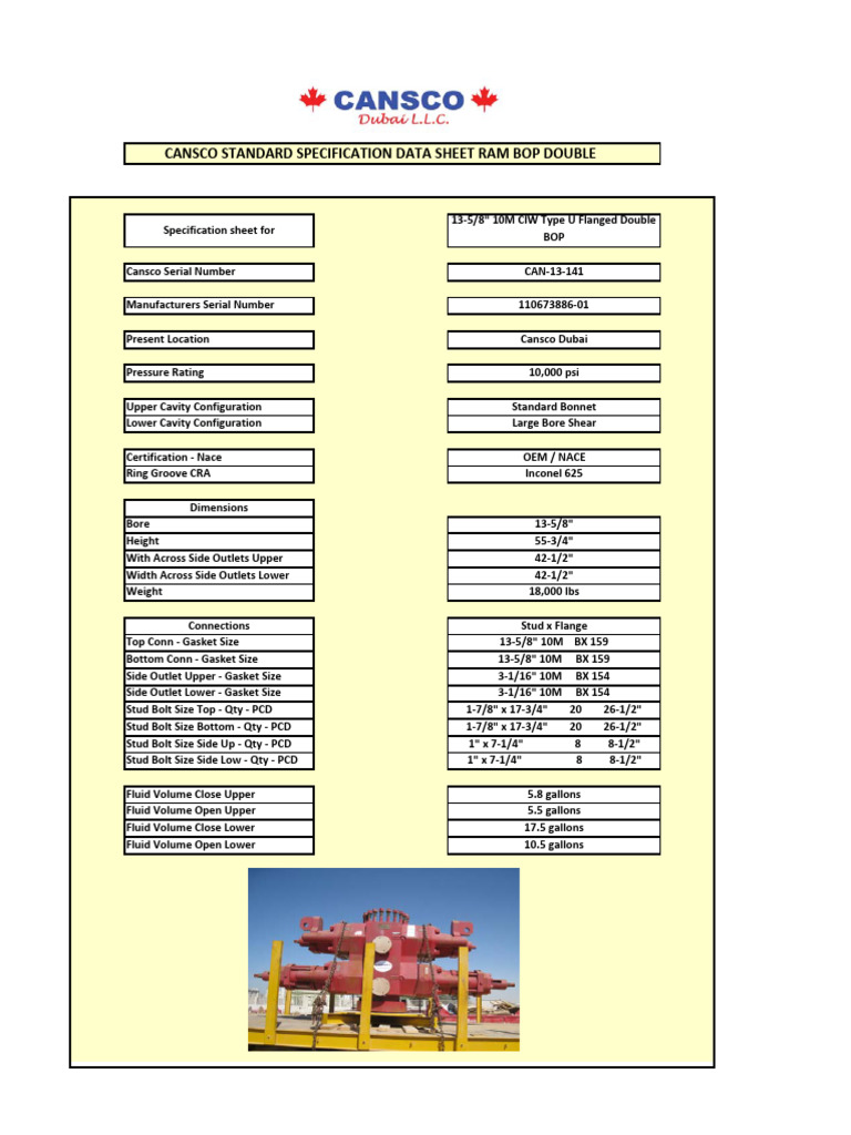 Cansco 13-5/8" BOP Specification Sheet | PDF | Mechanical Engineering