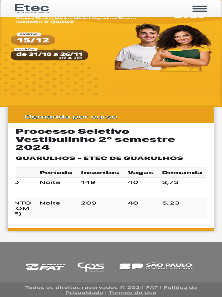 Demanda Vestibulinho ETEC Guarulhos 2024 | PDF
