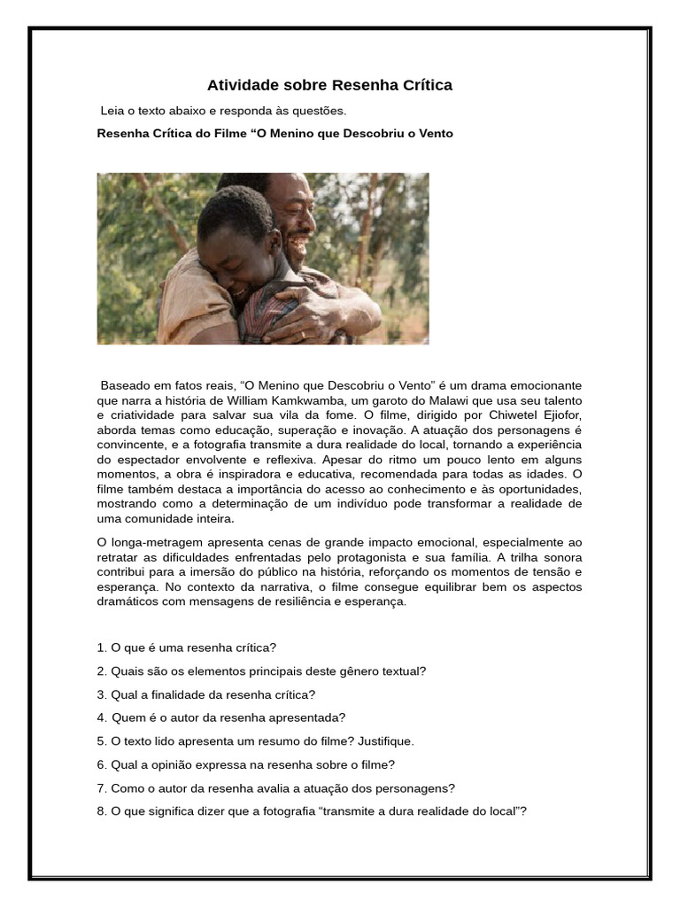 Resenha Crítica do Filme "O Menino que Descobriu o Vento" | PDF ...