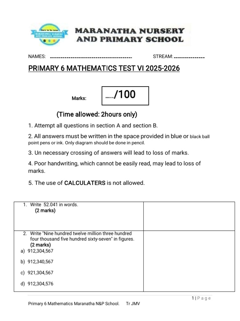 Primary 6 Mathematics Test 2025-2026 | PDF | Area | Mathematics