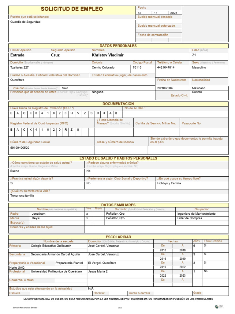Solicitud de Empleo: Guardia de Seguridad | PDF