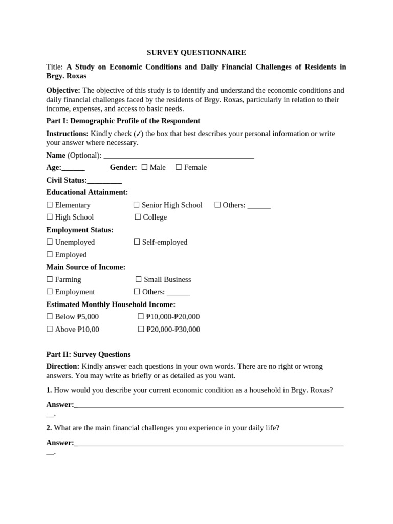 Economic Challenges in Brgy. Roxas Survey | PDF | Basic Needs | Income