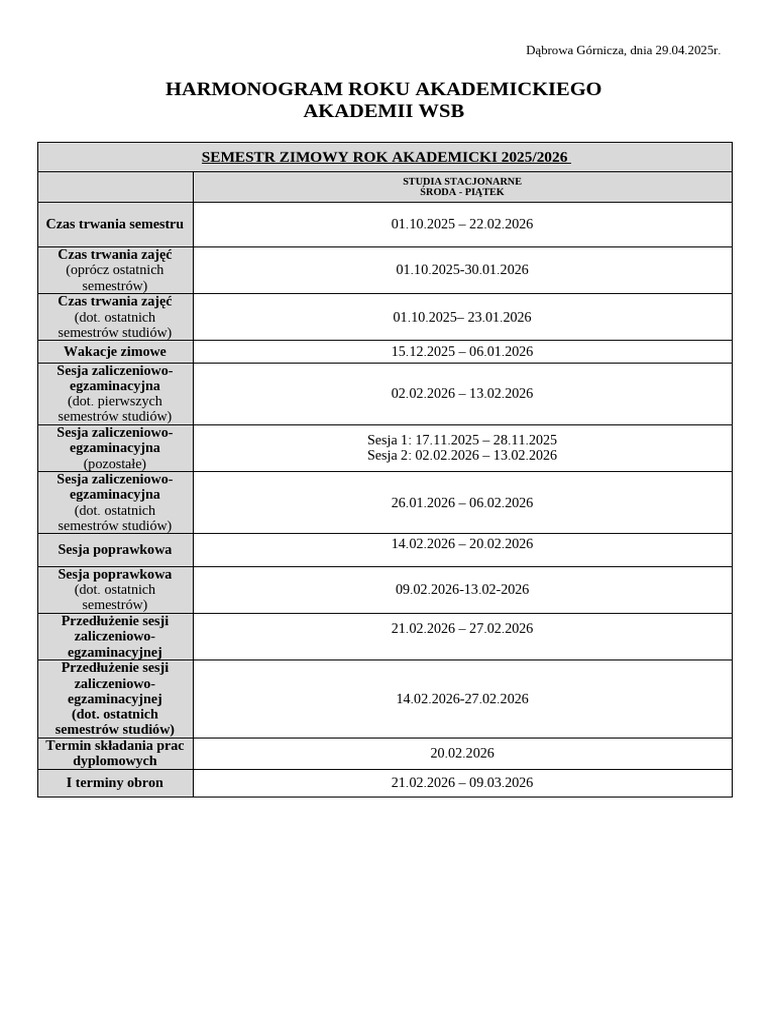 Harmonogram Roku Akademickiego 2025 2026 Studia Stacjonarne-2 | PDF