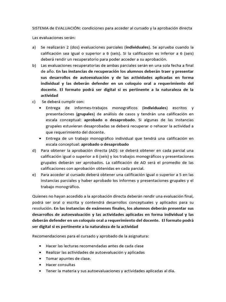 Condiciones de Cursado y Aprobación Directa OI-IM 2025 | PDF