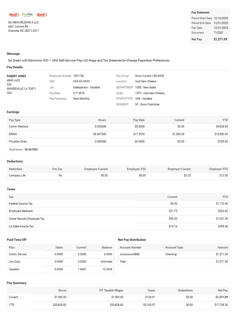 New Orleans LLC Pay Statement 2025 | PDF | Taxes | Tax Deduction