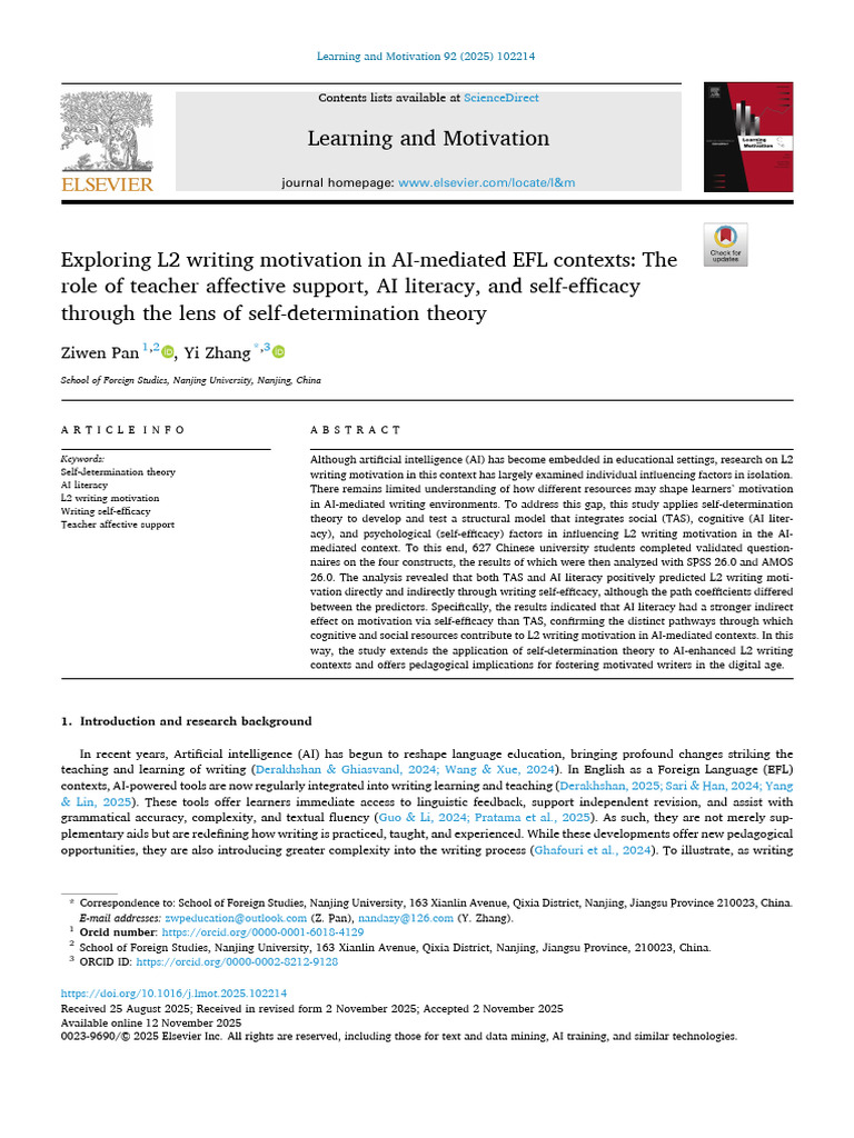 L2 Writing Motivation in AI Contexts | PDF | Self Efficacy | Motivation